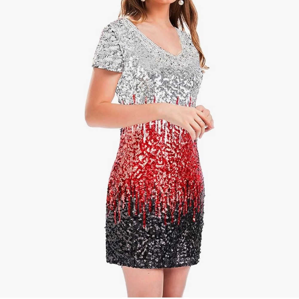 MANER Women's Sequin Glitter Short Sleeve V Neck Mini Party Club Bodycon XXL
